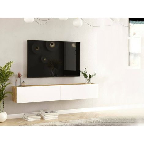 Dmora - Fernsehschrank Thebe, Ständer für Wohnzimmerfernseher, Niedriges Wohnzimmer-Sideboard, TV-Ständerbasis, 180x32h30 cm, Eiche und Weiß, mit verstärkter Verpackung (1/5)