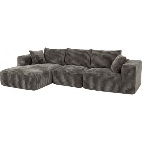 [NON UTILIZZATO] Set divani sofà HHG-938, divano a 3 posti lounge, stoffa/tessuto a coste (370 g/m²) penisola a destra, marrone (1/5)