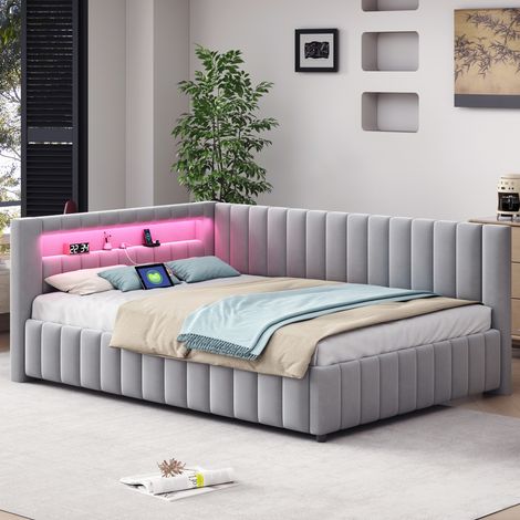 Bett Schlafbett gepolstert 140x200 mit LED USB OKMYHOME (1/5)