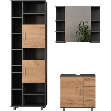 Meubles bain Ilias, Anthracite/chêne doré, 3 pièces, avec armoire de bain 190 cm, Vicco
