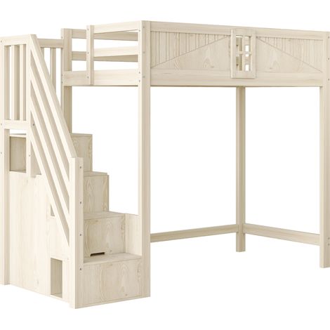 Cama alta de madera 90 x 200 cm con escalera de almacenamiento reversible, color madera natural (1/5)