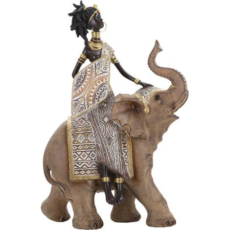 Scultura Masai Tribal donna su elefante in resina multicolore (1/5)