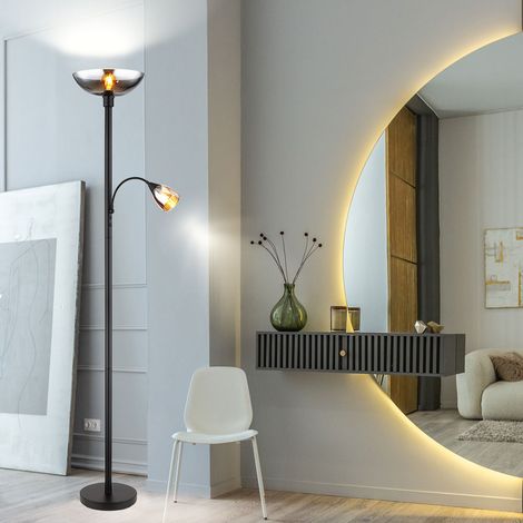 Lampadaire, plafonnier, lampadaire, lampe de lecture, lampe de chambre, lampe de salon, métal noir, verre fumé, commutable séparément, spot de lecture orientable, H 178 cm (1/5)
