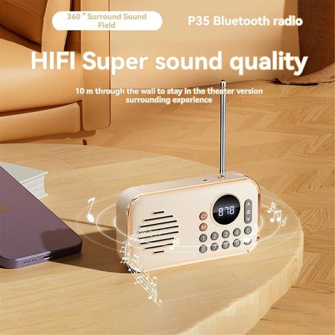 Radio FM portable rechargeable, petite enceinte Bluetooth sans fil avec son surround, radio vintage USB rose (1/5)