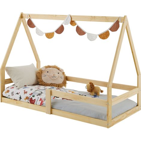 Idimex – Lit cabane Lusia 80 x 160 cm – Structure en pin massif naturel – Barrière de sécurité modulable – Design Montessori pour enfants