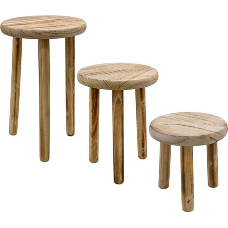 Holz Blumenhocker mit 3 Beinen geflammt 3er Set - 20 / 23 / 25 cm - Massivholz Deko Hocker rund klein im Used Look