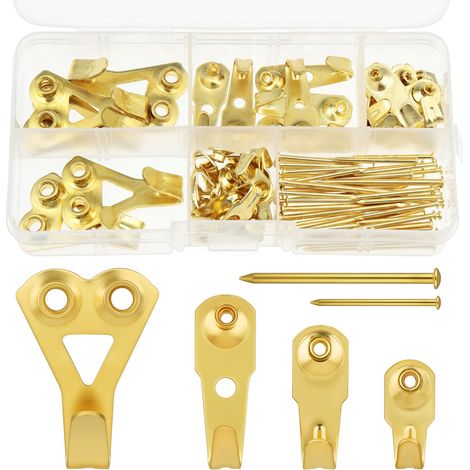 Kit de Suspension pour Tableaux, 34 Pièces Crochets en Métal pour Cadre Photo Fixation Murale pour Fixation Cadres Photos Miroirs Œuvres D'art avec Clous, Or (1/5)