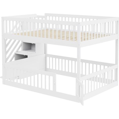Lit superposé 140x200 cm enfant avec escalier sécurité et tiroirs, lit simple bois blanc avec coffre, enfant ado, matelas non inclus (1/5)