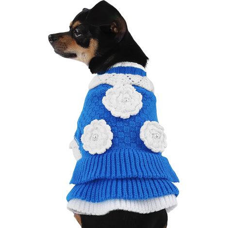 Abbigliamento per cani Maglione blu con fiori ricamati XXS (1/2)