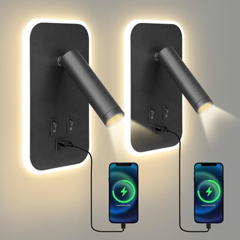 Liseuse de Chevet, 2PCS Applique Murale LED Chambre avec Interrupteur et Charge USB, 3W+9W 3000K Fixation Murale Spot Rotatif, Lumières Mural Lit Lampe Murale Couloir Hotel (Noir-2pcs) [Classe énergét