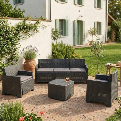 Ensemble de salon d'extérieur, Composition de jardin avec 2 fauteuils, 1 canapé et 1 table de rangement, Effet rotin avec coussins, Anthracite (1/5)