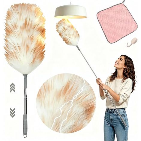 Lambswool Duster, 130cm Long Extendable Duster with 1 Cloth and 1 Hook, Cobweb Broom with Telescopic Handle for Ceilings and Sensitive Surfaces, Scratch-Free Dusting (1/5)