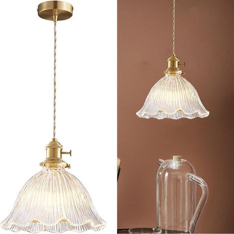Vintage Lampe à Suspension d'Abat-jour en Verre, Transparent Luminaire de Plafond Loft Bar en Laiton E27 Prise, Lustre pour Chambre (1/5)