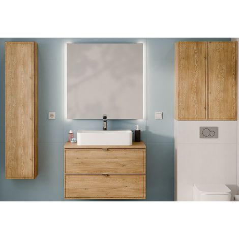 Ensemble Complet Meuble Vasque 80 cm + Plateau + Vasque + Miroir LED + Colonne + 2 meubles hauts - Caldera Clair - Livraison gratuite