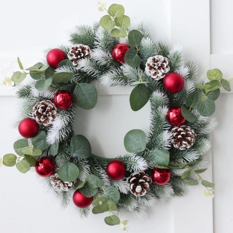 Guirlande De Noël - Couronne Rouge Artificielle En Branches Synthétiques Et Tissu - Décoration Porte Fenêtre Intérieur Extérieur - 1 Pièce