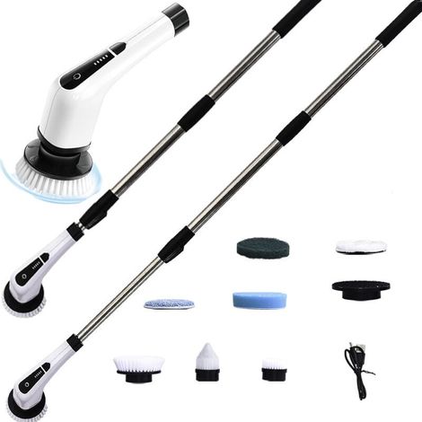 Brosse à récurer électrique sans fil 7 en 1 outils de nettoyage de salle de bain étanches rotatifs avec tige télescopique 7 têtes de brosse (1/4)