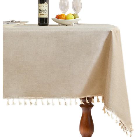 Nappe Beige 140x240 cm Lin avec pompons, Rectangulaire, Anti-froissage