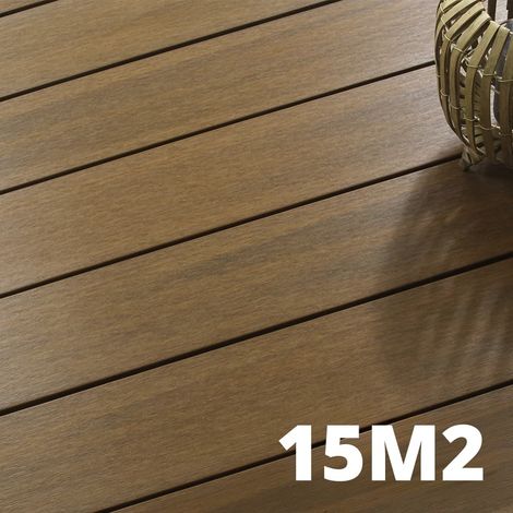 Kit Terrasse Composite NAVIA 15m² - Teck - 46 Lames de Terrasse (220 x 14.5 x 2.2 cm) - Fixation par Clips - Cobra Hybrid - Terrasse Bois
