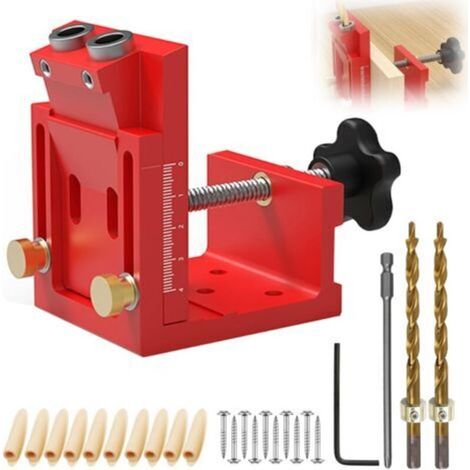 Adjustable Mitre Drill Jig Tool Kit for Carpentry, Blue Removable Pocket Hole Jig, With 2 x 9 mm Drill Bits, for Woodworking and Furniture Making (Red) (1/5)