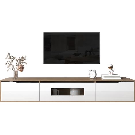 Meuble TV Mural LED 16 Couleurs Rangement Salon Blanc Brillant et Bois 180 x 35 x 30 cm (1/5)