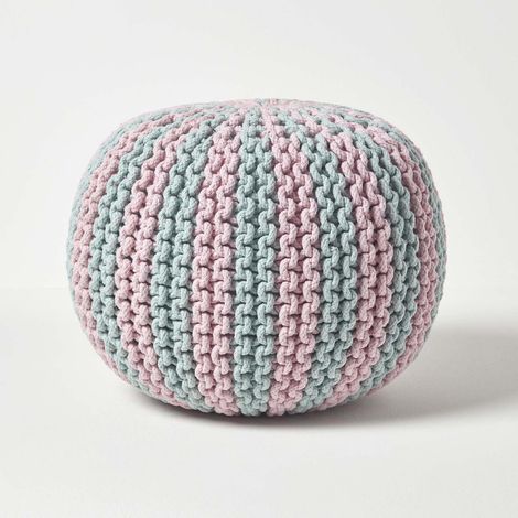 HOMESCAPES Pink and Blue Knitted Pouffe Striped Footstool 35 x 40 cm