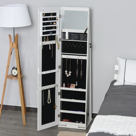 HOMCOM Miroir Bijou sur Pied Armoire à Bijoux avec Lumières LED et Serrure Armoire à Bijoux avec Miroir Intégré pour Chambre Blanche avec Veine de Bois