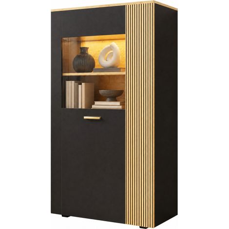 Meuble de rangement LED noir et bois clair 80 x 40 x 146 cm avec porte vitrée, 3 étagères fixes et 2 réglables, passe-câbles, salon bureau CHICFURN (1/5)