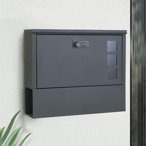 Boîte aux Lettres avec Serrure à Combinaison - Boîte aux Lettres Murale Anthracite avec Compartiment à Journaux en Acier Inoxydable, Moderne avec Fenêtre Verrouillable
