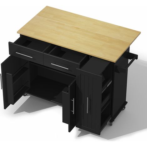 Îlot de cuisine mobile avec étagères coulissantes 3 niveaux, plateau rabattable, 2 tiroirs, porte-serviettes, noir (1/5)