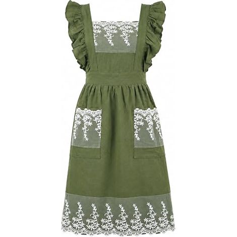 Tablier de style vintage, modèle femme avec poches, jolis volants en dentelle, tablier ajustable, idéal pour la cuisine, la pâtisserie et le jardinage. (1/4)