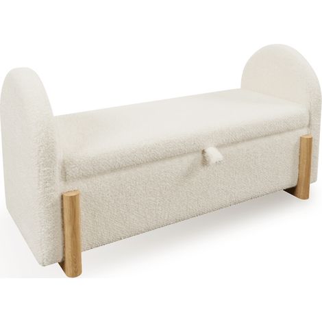 Gepolsterte Sitzbank mit Stauraum, weißer Bouclé-Stoff, 106 cm, Holzbeine, Soft-Close (1/5)