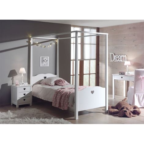 Pack - Lit à Baldaquin Enfant & Chevet "Amori" 90x200cm Blanc (1/2)