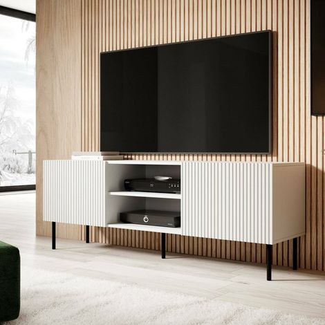Mueble de TV Molini, aparador de salón con cuatro puertas batientes, elevado del suelo, 150x42 h52 cm, blanco (1/5)