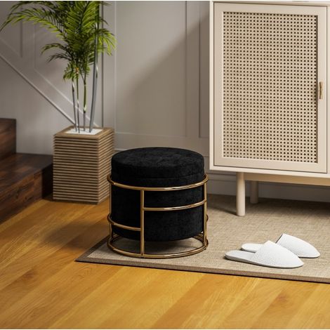Pouf de rangement Ø42x39 cm noir, assise rembourrée, structure en métal doré, sans montage MEUBLIV (1/5)