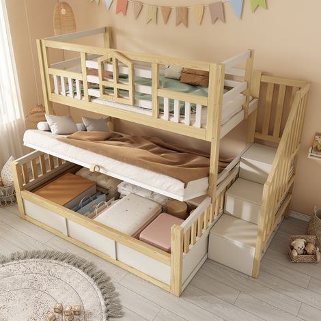 Lit superposé cabane enfant 90x200 + 140x200 cm blanc/naturel avec fenêtre, escalier rangement, coffre hydraulique, sans matelas