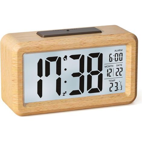 Digitaler Wecker, batteriebetriebener Wecker aus Holz mit großem LCD-Display, Digitaluhr mit Hintergrundbeleuchtung, Datumsanzeige, Temperaturanzeige, automatischem Lichtsensor und Schlummerfunktion