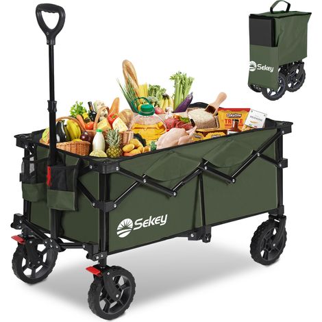Sekey 150KG Bollerwagen Faltbar Handwagen mit Bremsen und normalen Reifen, 4-fach zusammenklappbares Design, Olivgrün