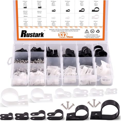 Lot de 132 serre-câbles de 6 tailles en nylon blanc et noir de type R pour organiser les câbles, attaches de câble, fixations à vis, pinces électriques avec 132 vis pour la gestion des fils (1/5)