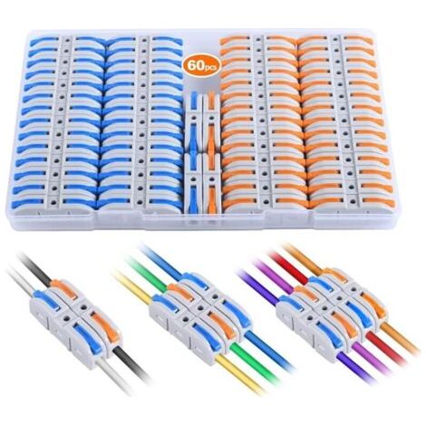 Connecteurs de fils à levier, kit d'épissure électrique à connexion rapide 60 pièces pour bornes compactes en ligne - 28-12 AWG, 1 entrée 1 sortie (1/4)
