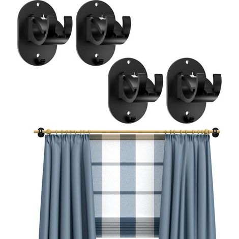 Set di quattro supporti per asta per tende, ganci neri, non richiedono foratura, ganci a clip per finestre, ganci adesivi per asta per tende.