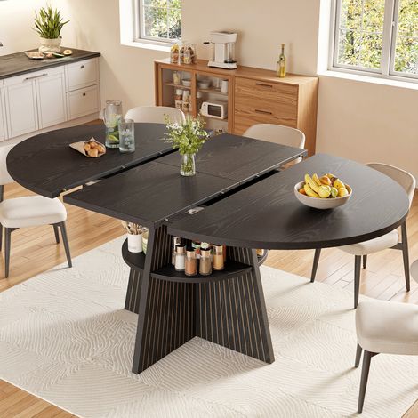 Mesa extensible 110-150 x 110 x 76 cm con almacenamiento abierto, MDF y metal, negra (1/5)