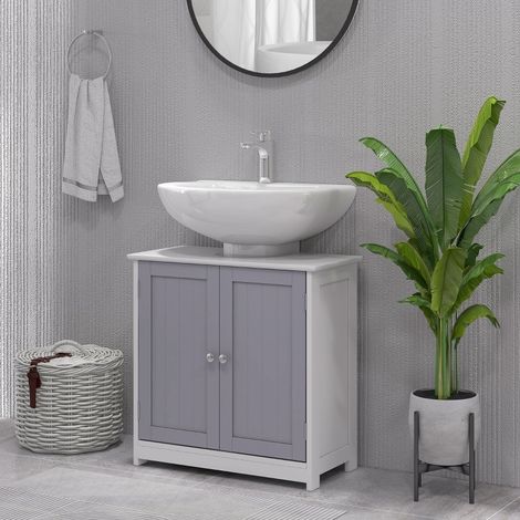 60x60cm Under-Sink Storage Cabinet w/ Adjustable Shelf Handles Drain Hole Bathroom Cabinet Space Saver Organizer White and Grey