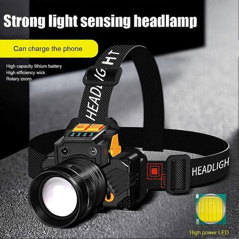 Lampe frontale LED T6 étanche 800 lm avec capteur zoom, idéale pour le camping, la chasse, la randonnée et la pêche. Rechargeable par USB, avec indicateur de batterie. (1/5)