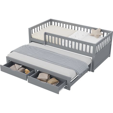 Canapé-lit en bois massif 90200 cm, barrière de sécurité entièrement fermée, lit gigogne avec 2 tiroirs en dessous, avec sommier à lattes, lit enfant, lit ado, lit d'appoint, lit adulte, gris