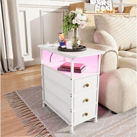 Beistelltisch - Wohnzimmertisch - 3 Schubladen und 1 Ablage - LED+USB - Nachttisch - Sofatisch - 60x30x62 cm - Weiß