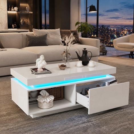 Tavolino fisso 100x50x40 cm in legno bianco con contenitore e LED FloraGrace (1/5)