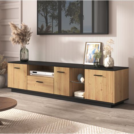 Mueble TV 180x37x45 cm de MDF negro y madera, con almacenaje para salón FloraGrace (1/5)