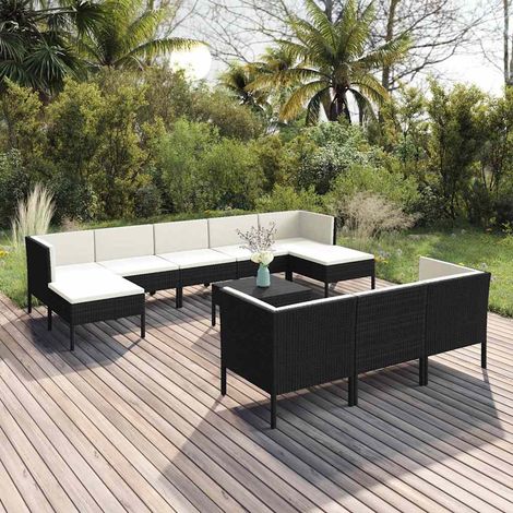 vidaXL Salon de jardin 11 pcs avec coussins Résine tressée Noir (1/5)