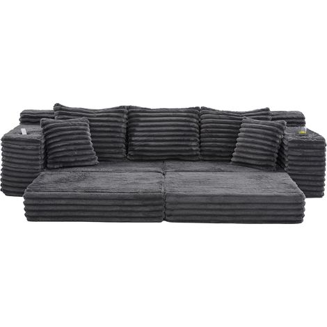 Canapé compressé en velours côtelé gris foncé avec dossier haut, coussins supplémentaires, poches latérales et porte-gobelets, convertible en canapé-lit (1/5)