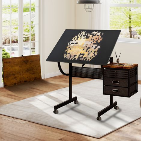 Plateau de table en métal pour puzzle de 1500 pièces, idéal comme cadeau pour adultes, avec 4 plateaux et 2 tiroirs de rangement (noir). (1/5)